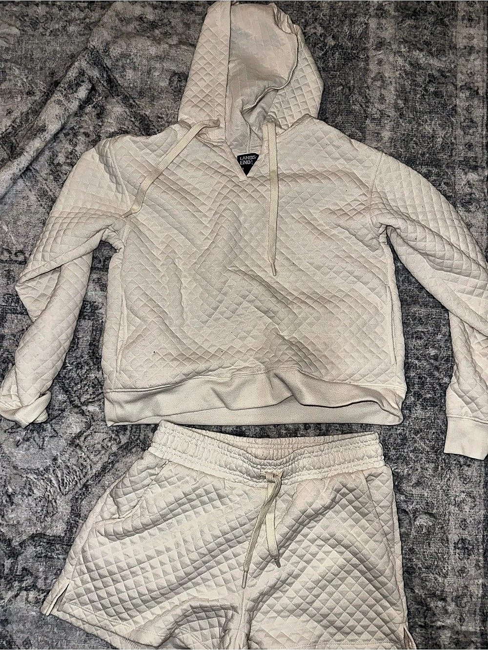 Lands' End Jacquard Quilted Hoodie and Shorts Set Cream Small